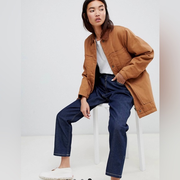 ASOS Design Oversized Denim Wadded Jacket with Cord Collar in Camel US 6 - Picture 9 of 11